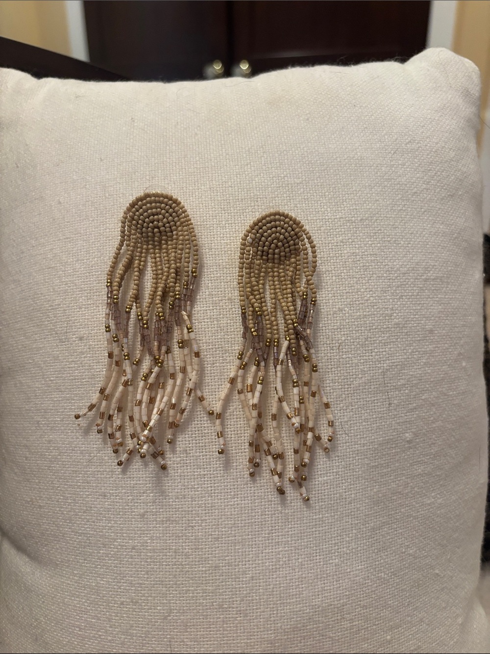 Lucky Brand Beaded Fringe Drop Earrings - Neutral Beige Gold